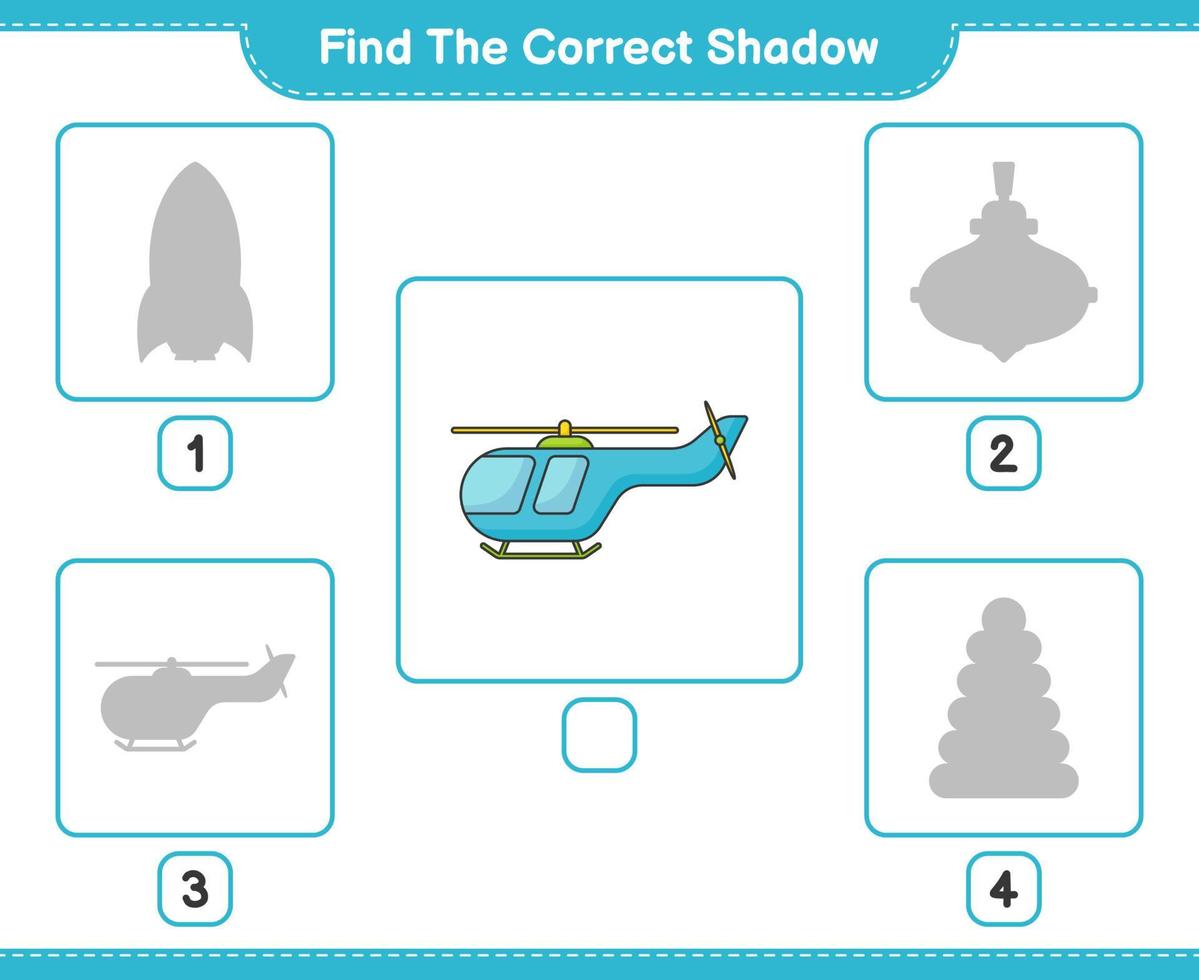Find the correct shadow. Find and match the correct shadow of Helicopter. Educational children game, printable worksheet, vector illustration