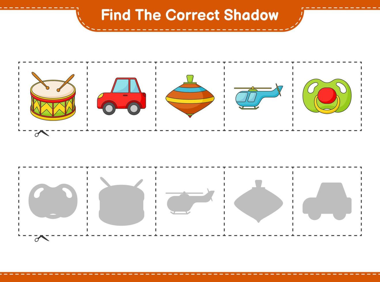 Find the correct shadow. Find and match the correct shadow of Pyramid Car, Pacifier, Helicopter, Drum, and Whirligig Toy. Educational children game, printable worksheet, vector illustration