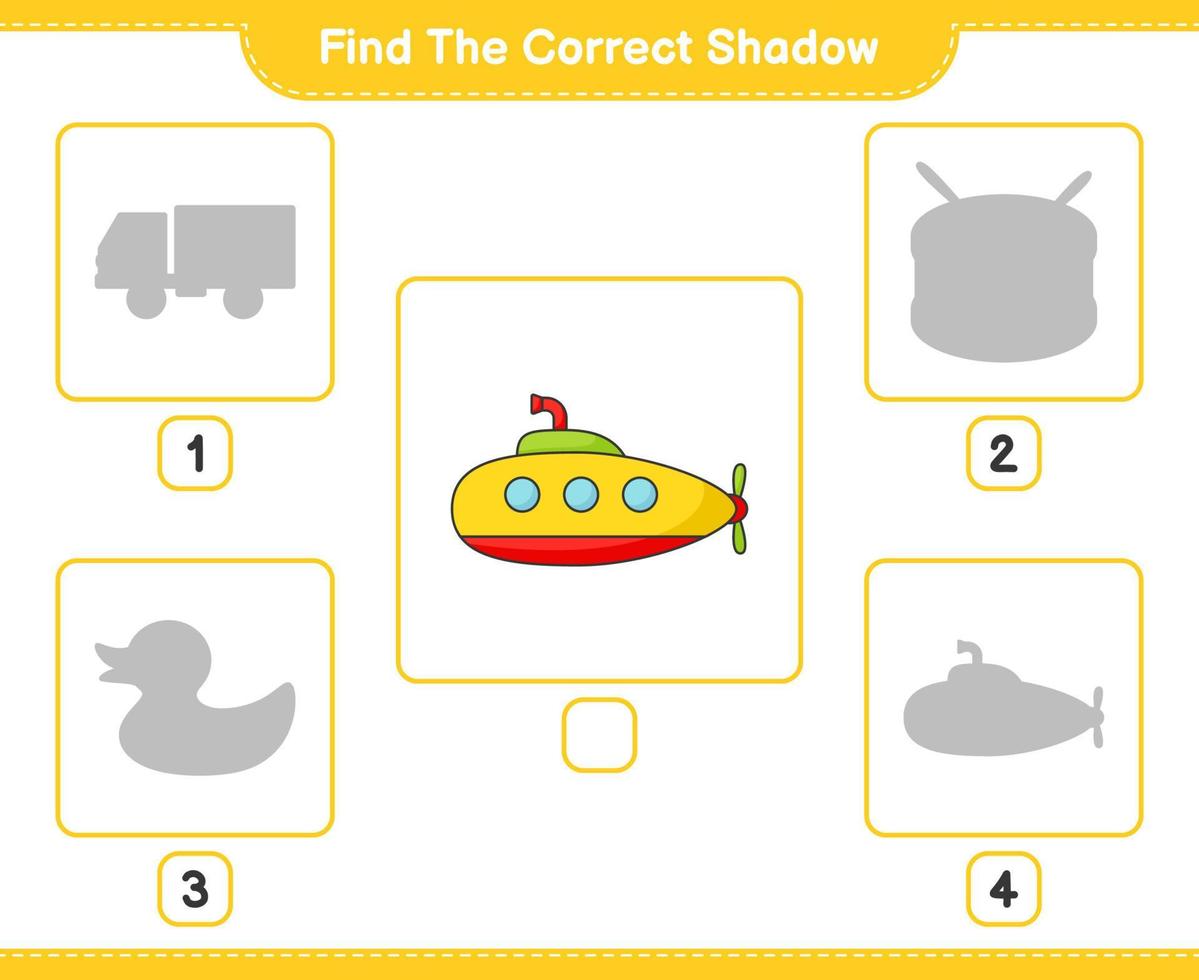 Find the correct shadow. Find and match the correct shadow of Submarine. Educational children game, printable worksheet, vector illustration