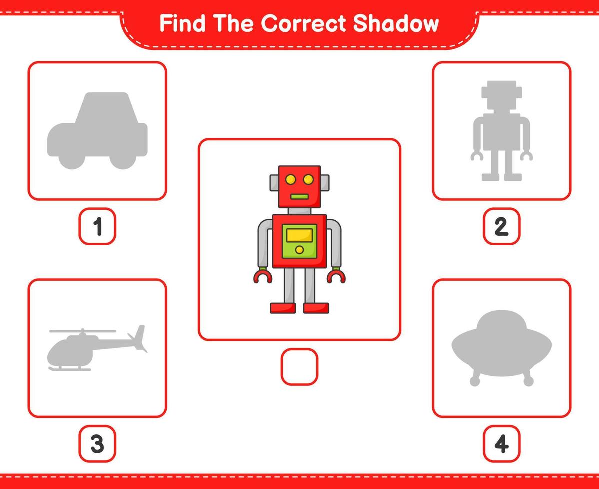 encontrar la sombra correcta. encuentra y combina la sombra correcta del personaje del robot. juego educativo para niños, hoja de cálculo imprimible, ilustración vectorial vector