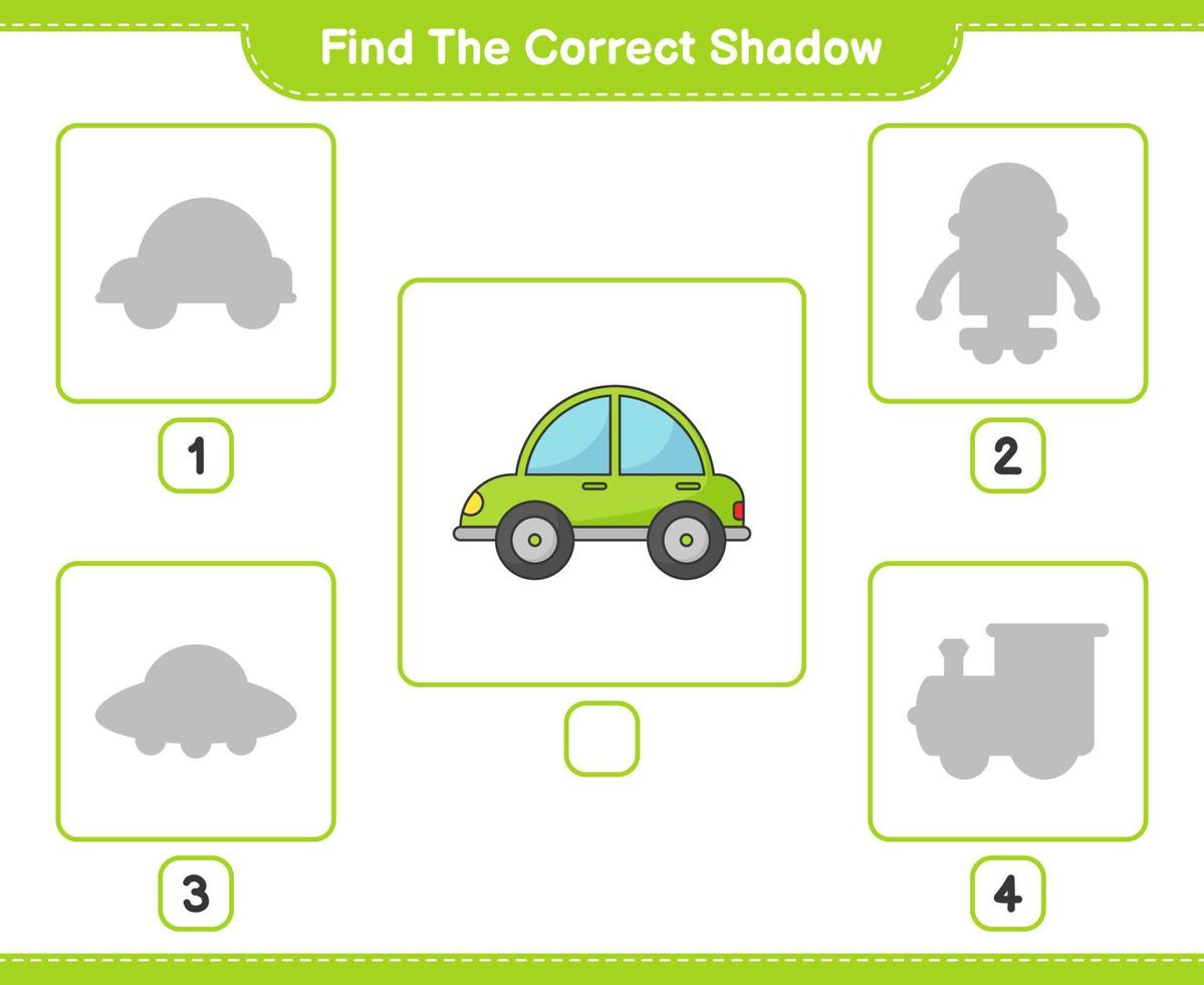 Find the correct shadow. Find and match the correct shadow of Car. Educational children game, printable worksheet, vector illustration