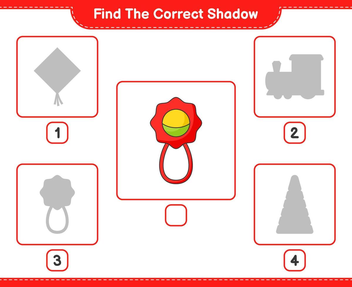 encontrar la sombra correcta. encuentra y combina la sombra correcta del sonajero. juego educativo para niños, hoja de cálculo imprimible, ilustración vectorial vector