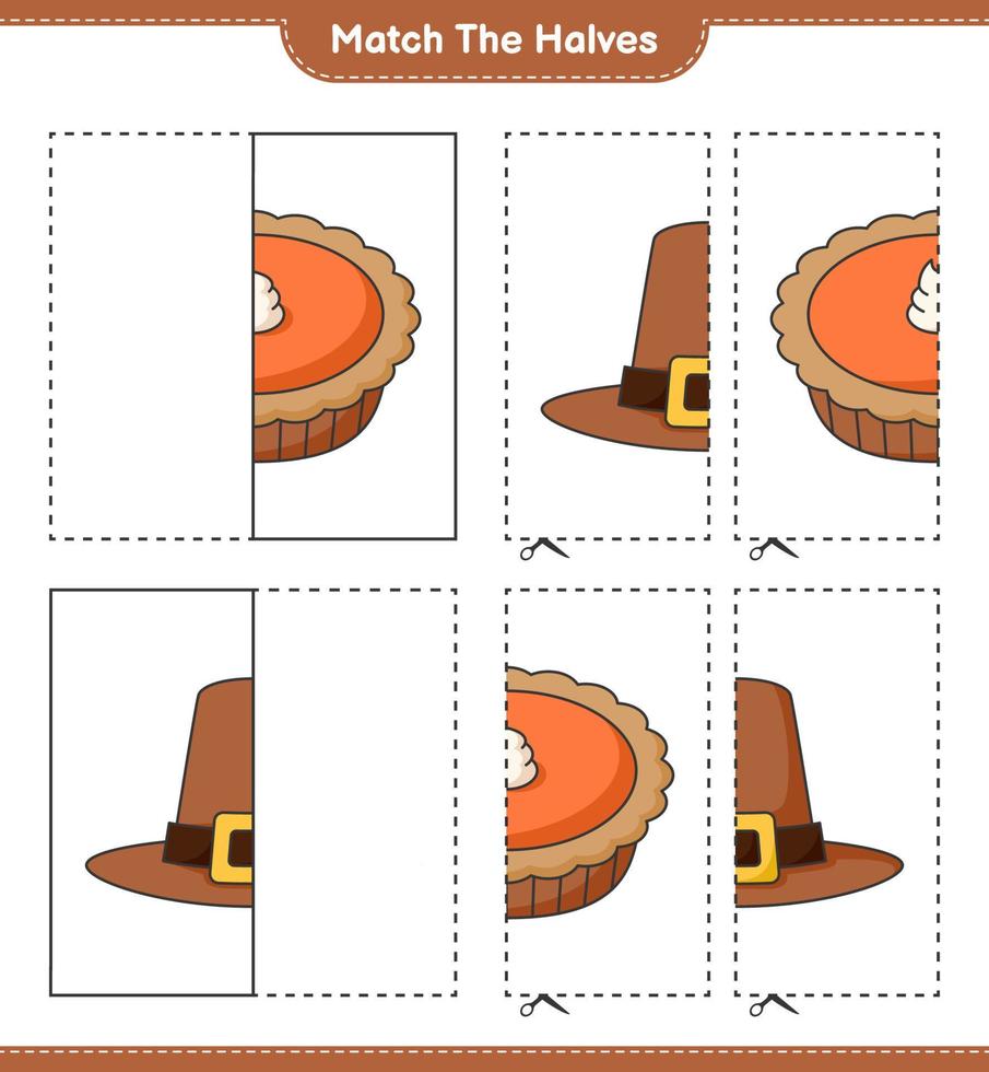 Empareja las mitades. emparejar las mitades del sombrero y el pastel. juego educativo para niños, hoja de cálculo imprimible, ilustración vectorial vector