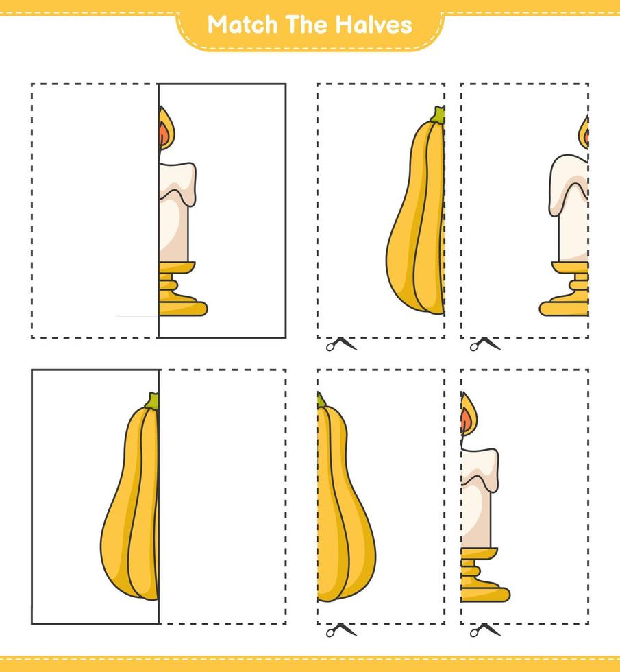 Match the halves. Match halves of Candle and Butternut Squash. Educational children game, printable worksheet, vector illustration