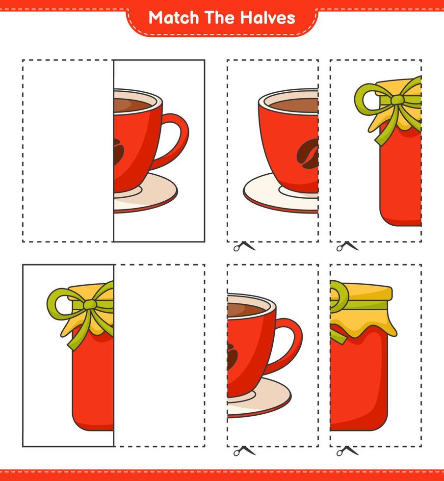 Match the halves. Match halves of Jam and Coffee Cup. Educational children game, printable worksheet, vector illustration
