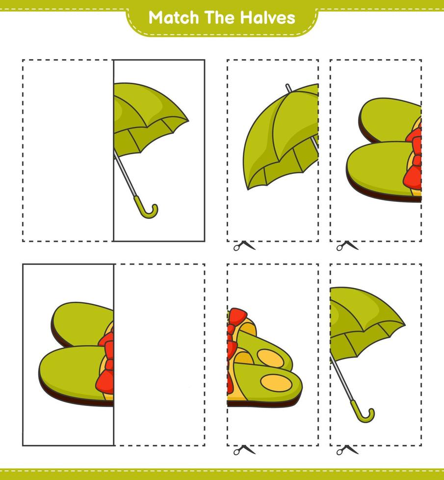 Empareja las mitades. combinar las mitades de las pantuflas y el paraguas. juego educativo para niños, hoja de cálculo imprimible, ilustración vectorial vector