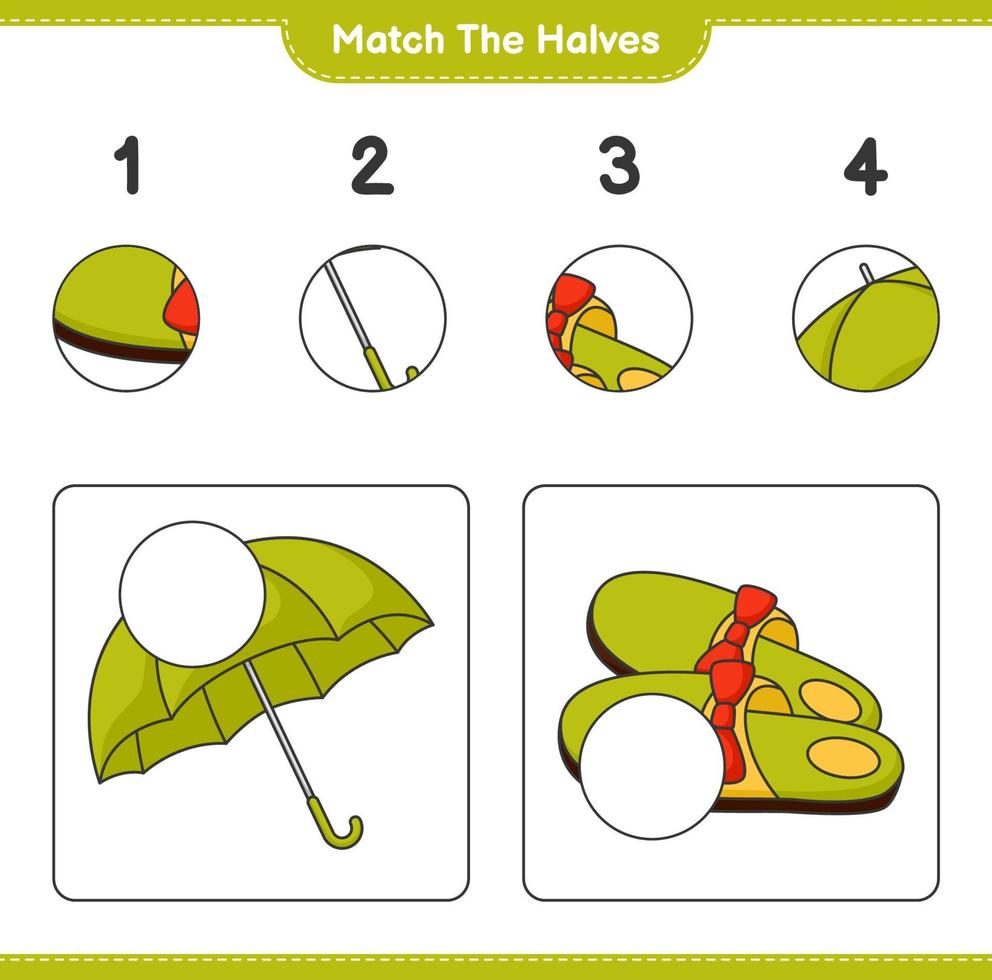 Match the halves. Match halves of Slippers and Umbrella. Educational children game, printable worksheet, vector illustration