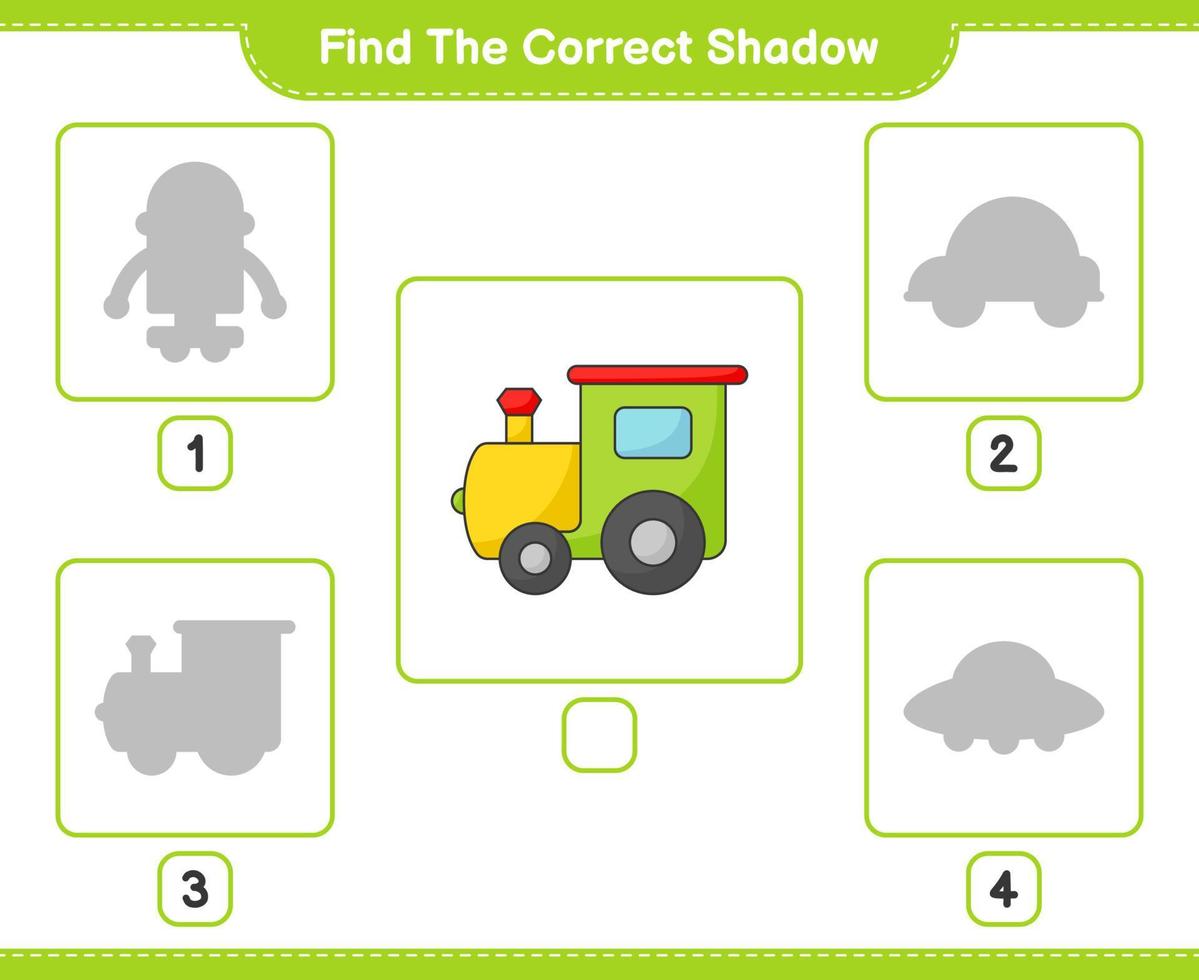 Find the correct shadow. Find and match the correct shadow of Train. Educational children game, printable worksheet, vector illustration