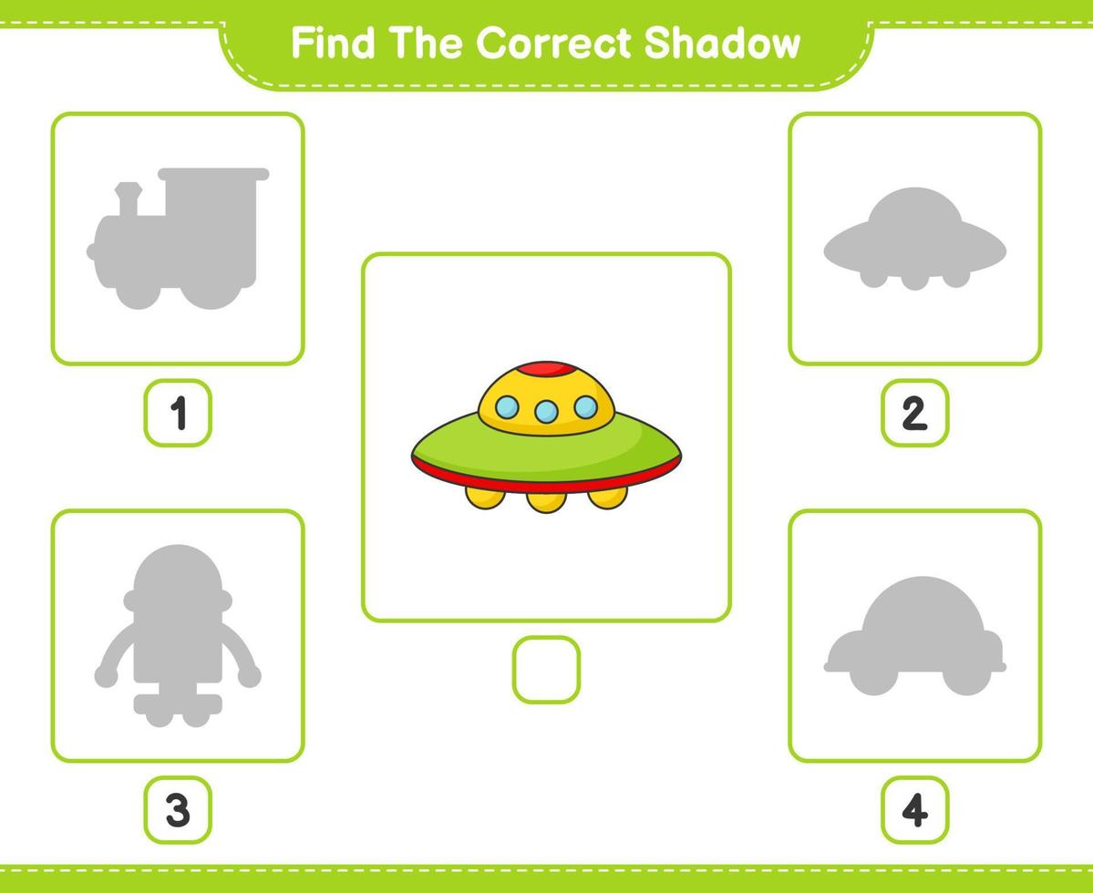 Find the correct shadow. Find and match the correct shadow of Ufo. Educational children game, printable worksheet, vector illustration