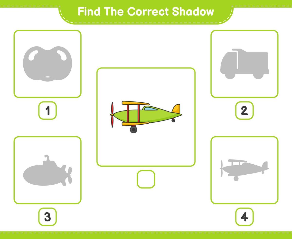 Find the correct shadow. Find and match the correct shadow of Plane. Educational children game, printable worksheet, vector illustration