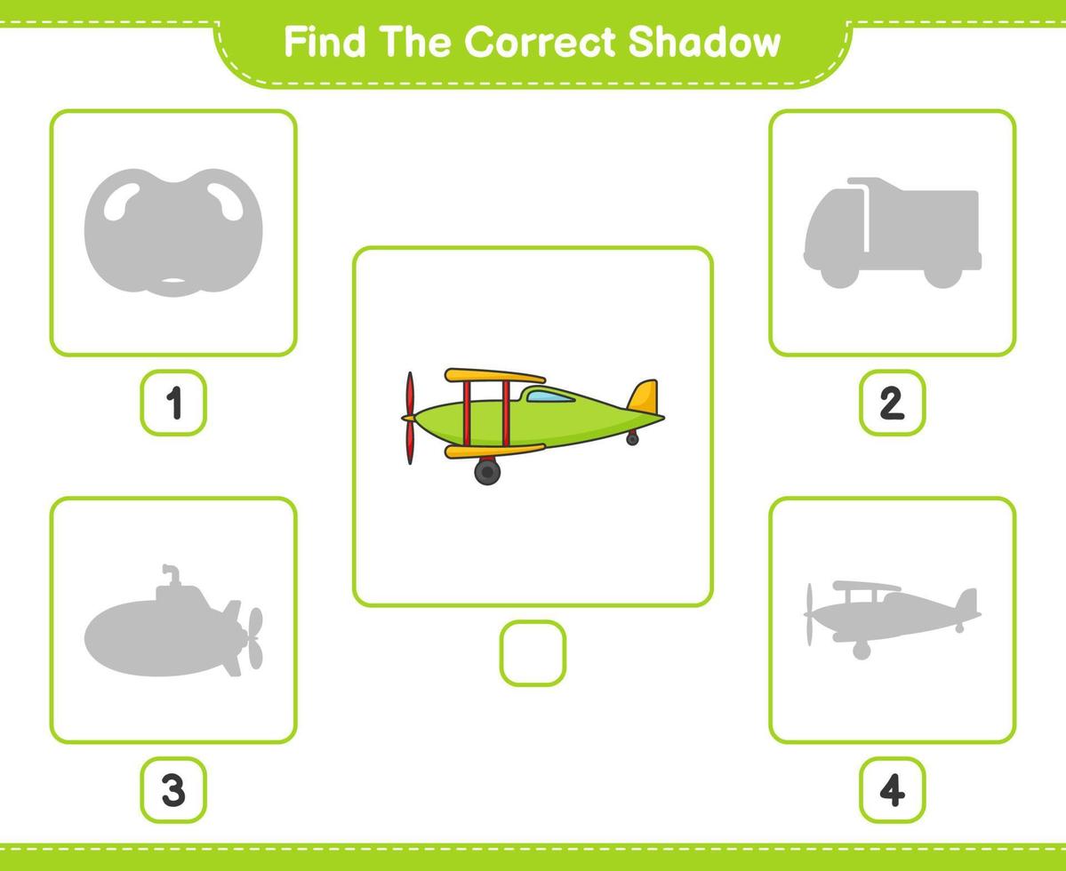 encontrar la sombra correcta. encuentra y combina la sombra correcta del plano. juego educativo para niños, hoja de cálculo imprimible, ilustración vectorial vector