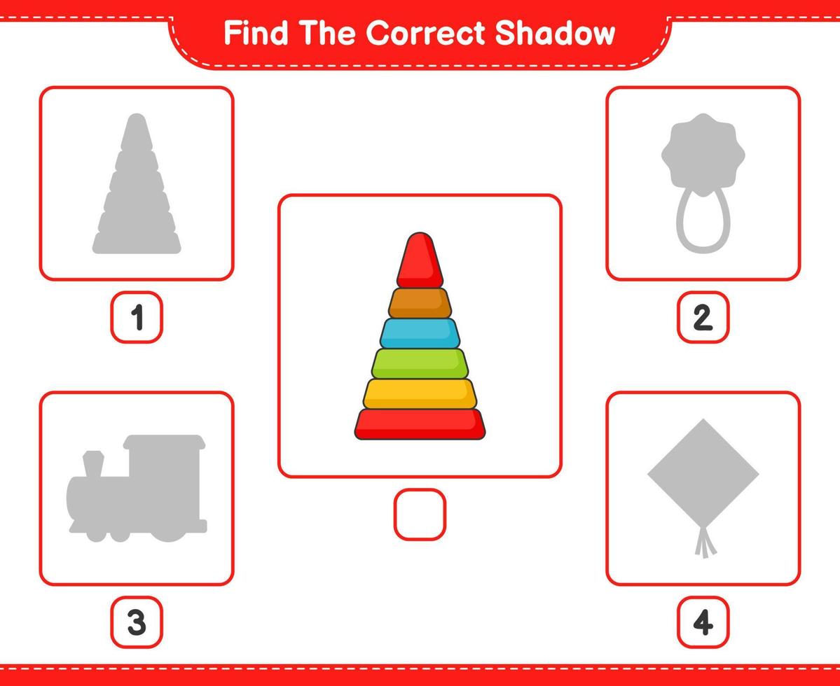 Find the correct shadow. Find and match the correct shadow of Pyramid Toy. Educational children game, printable worksheet, vector illustration