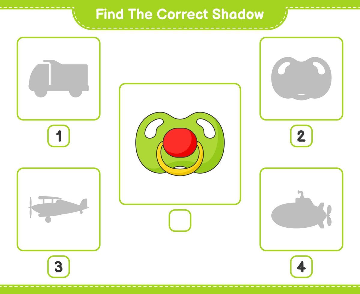 Find the correct shadow. Find and match the correct shadow of Pacifier. Educational children game, printable worksheet, vector illustration