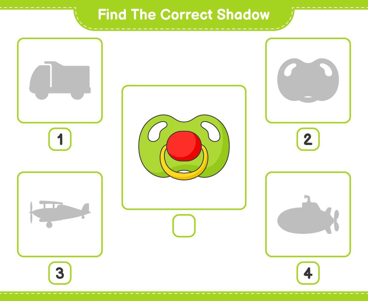 encontrar la sombra correcta. encuentra y combina la sombra correcta del chupete. juego educativo para niños, hoja de cálculo imprimible, ilustración vectorial vector