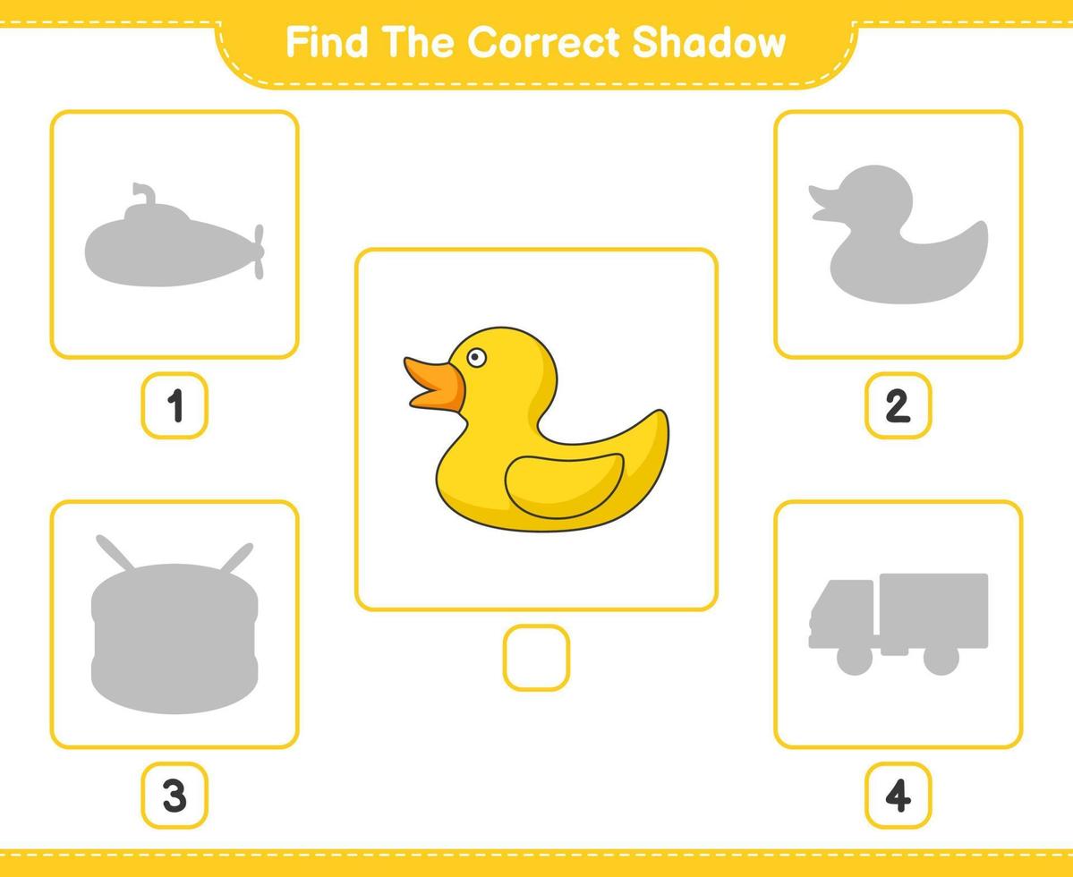 Find the correct shadow. Find and match the correct shadow of Rubber Duck. Educational children game, printable worksheet, vector illustration