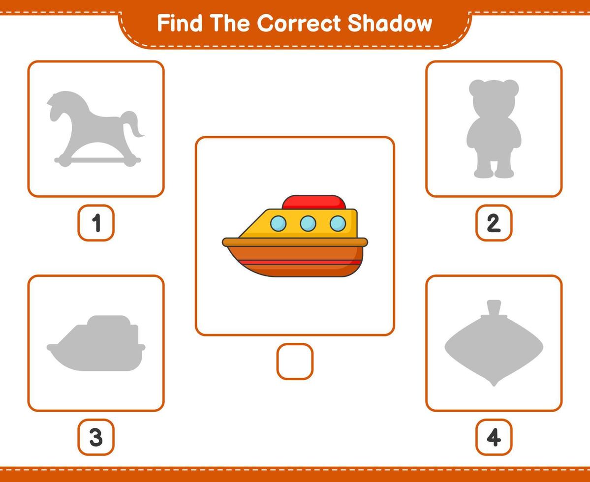 Find the correct shadow. Find and match the correct shadow of Boat. Educational children game, printable worksheet, vector illustration