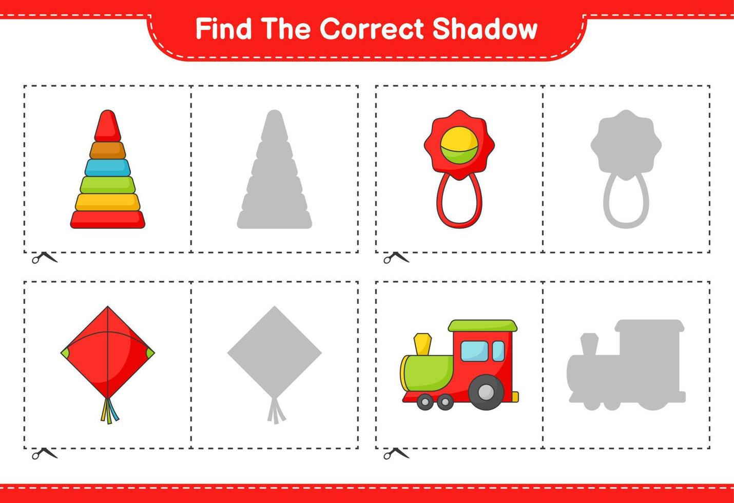 Find the correct shadow. Find and match the correct shadow of Pyramid Toy, Baby Rattle, Kite, and Train. Educational children game, printable worksheet, vector illustration