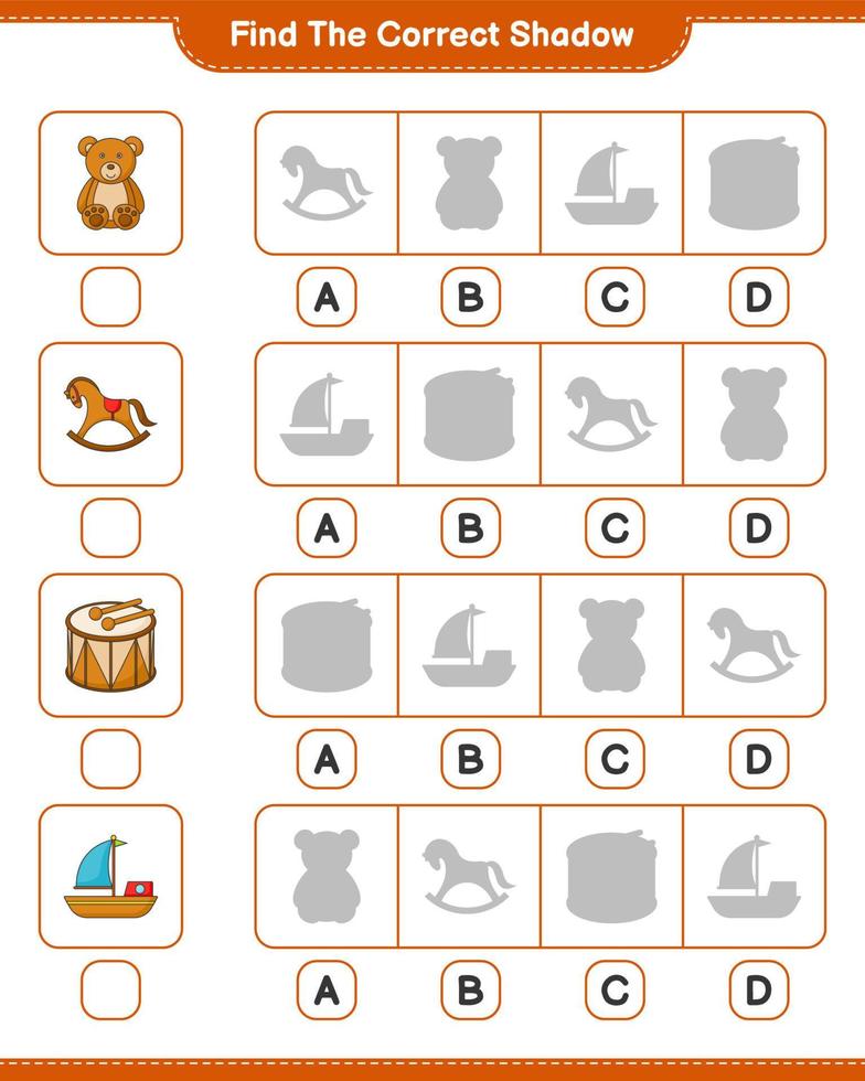 Find the correct shadow. Find and match the correct shadow of Boat, Drum, Teddy Bear, and Rocking Horse. Educational children game, printable worksheet, vector illustration