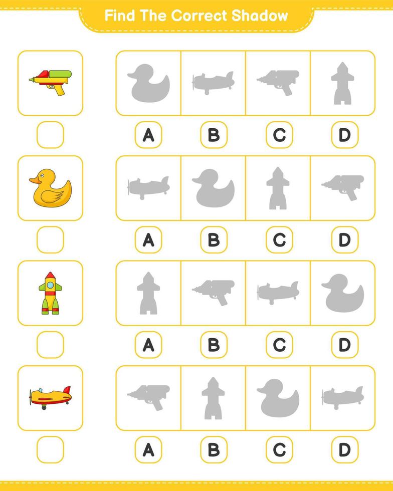 Find the correct shadow. Find and match the correct shadow of Plane, Rocket, Rubber Duck, and Water Gun. Educational children game, printable worksheet, vector illustration