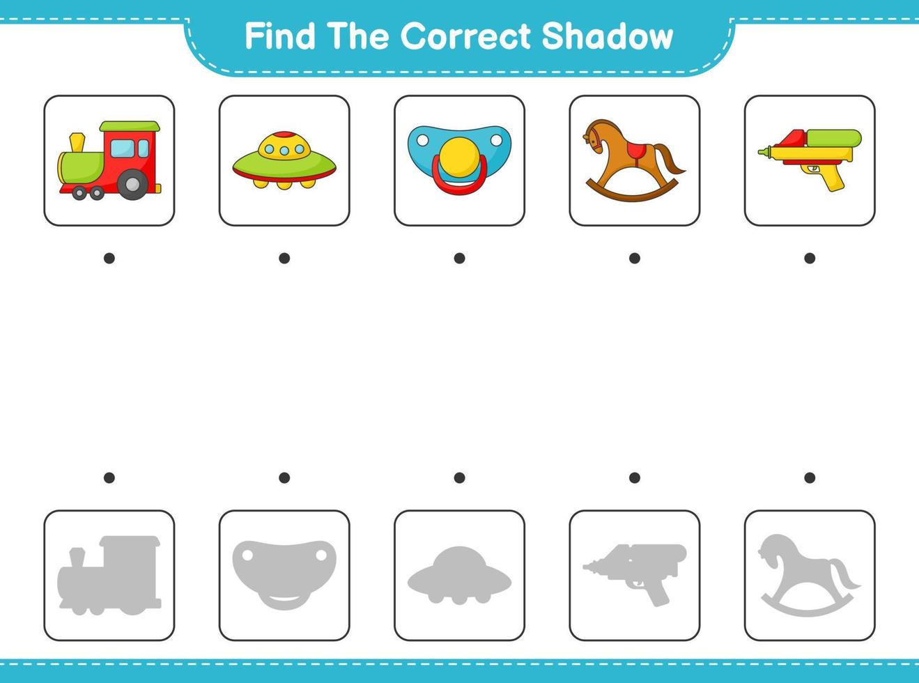 Find the correct shadow. Find and match the correct shadow of Train, Ufo, Pacifier, Water Gun, and Rocking Horse. Educational children game, printable worksheet, vector illustration