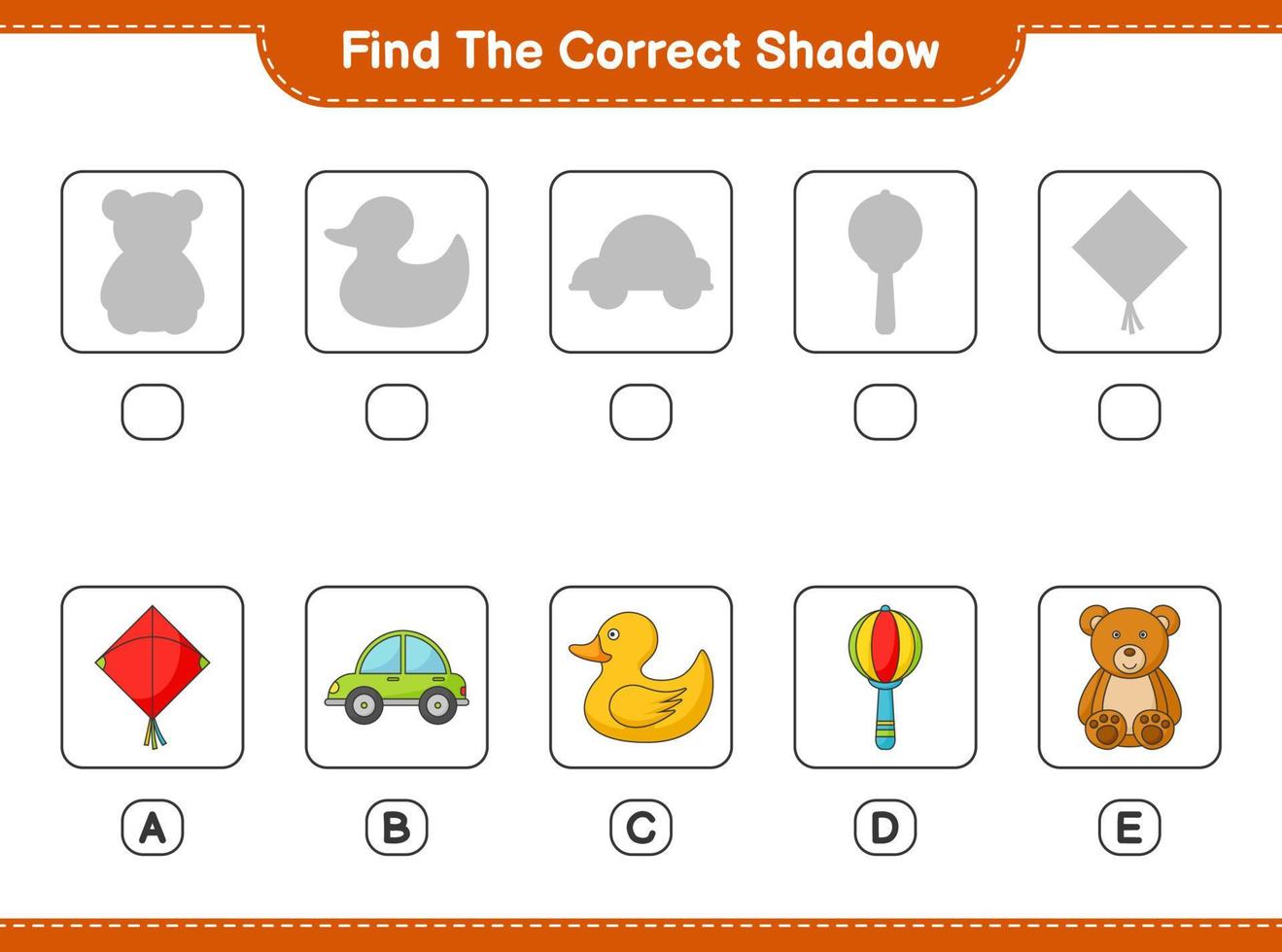 Find the correct shadow. Find and match the correct shadow of Kite, Car, Baby Rattle, Rubber Duck, and Teddy Bear. Educational children game, printable worksheet, vector illustration