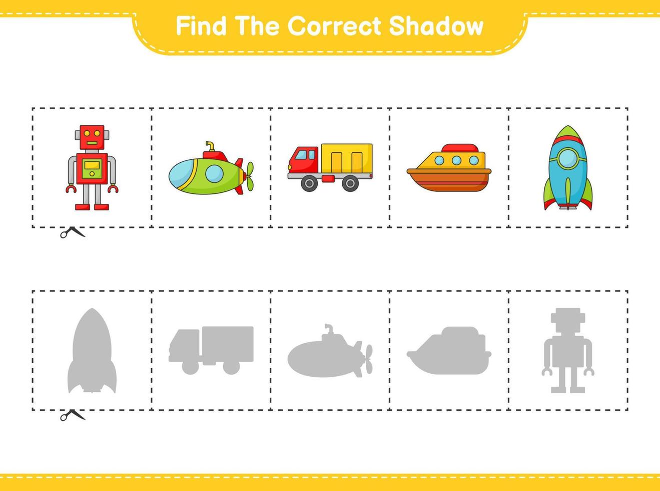 Find the correct shadow. Find and match the correct shadow of Robot Character, Submarine, Rocket, Lorry, and Boat. Educational children game, printable worksheet, vector illustration