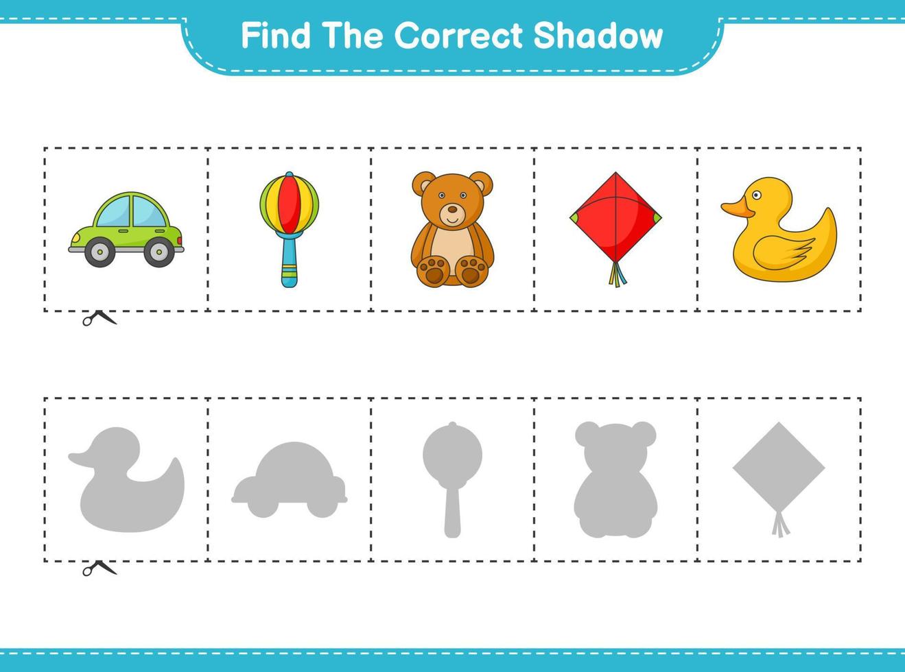 encontrar la sombra correcta. encuentra y combina la sombra correcta de la cometa, el coche, el sonajero, el patito de goma y el osito de peluche. juego educativo para niños, hoja de cálculo imprimible, ilustración vectorial vector