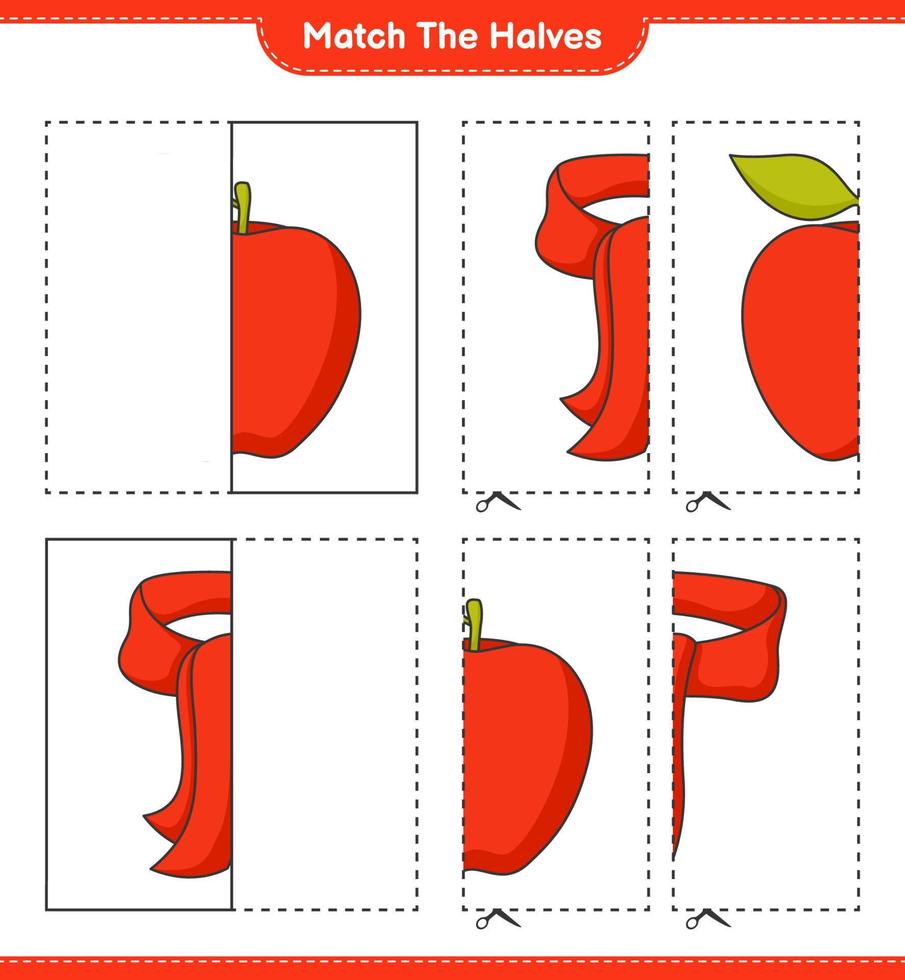 Match the halves. Match halves of Apple and Scarf. Educational children game, printable worksheet, vector illustration