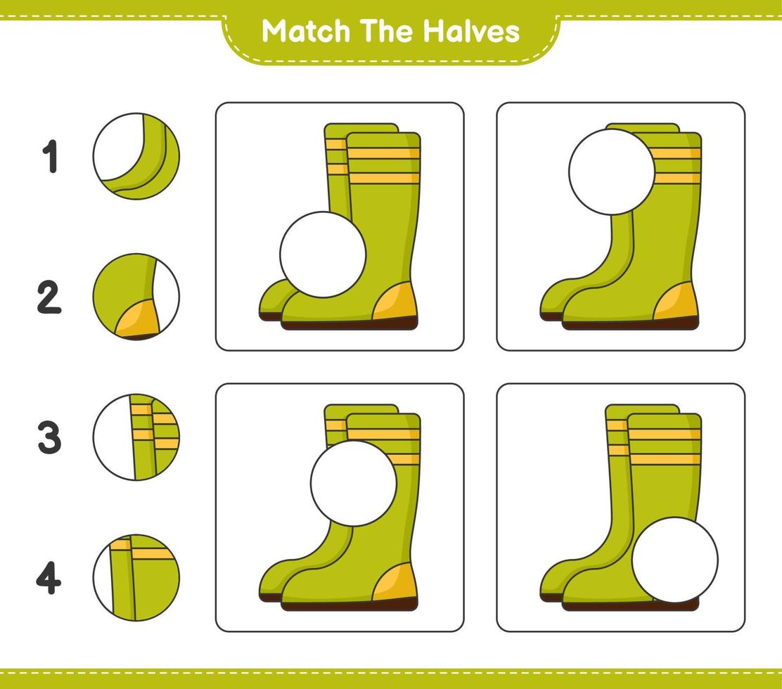 Empareja las mitades. combinar las mitades de las botas de goma. juego educativo para niños, hoja de cálculo imprimible, ilustración vectorial vector