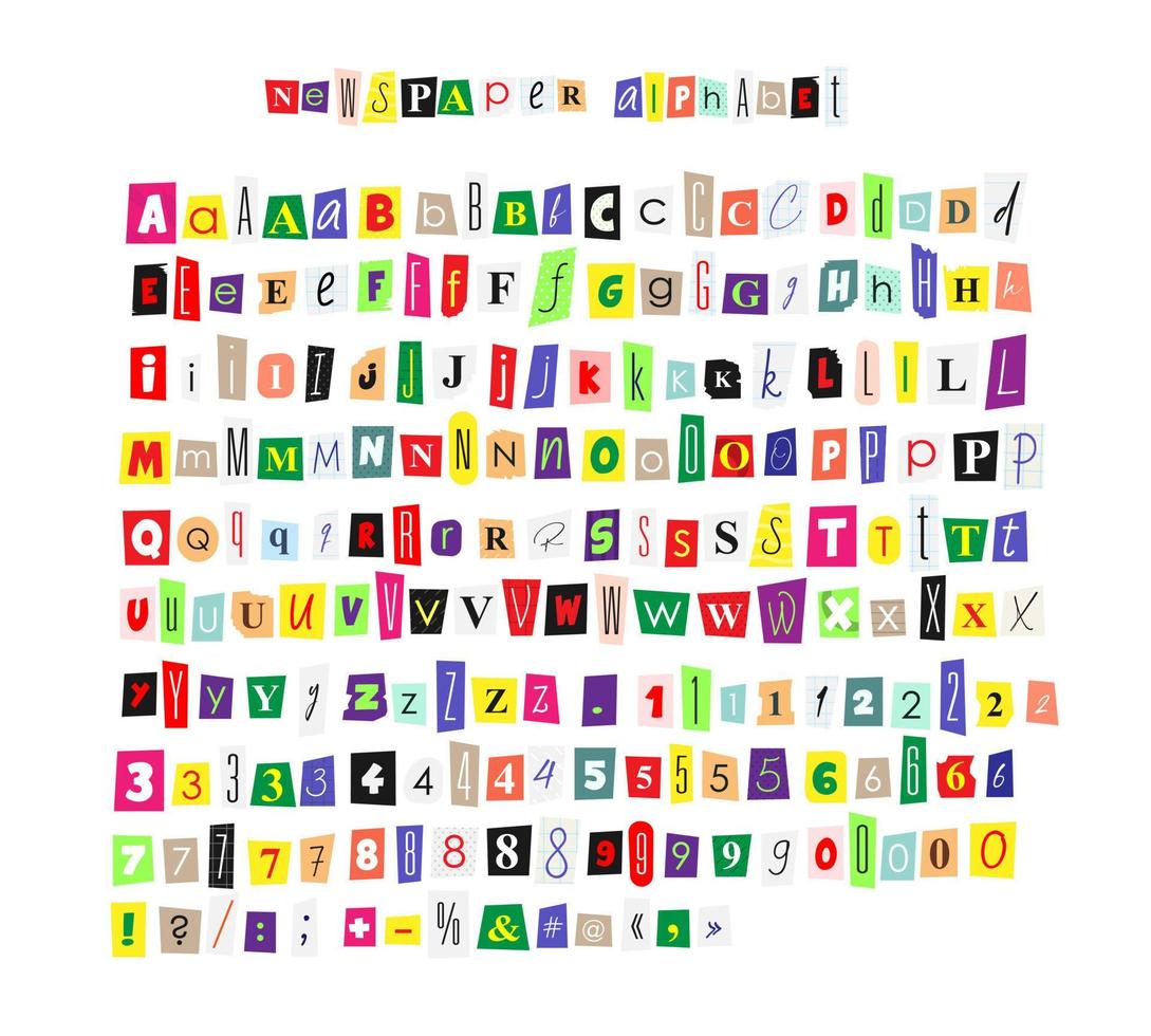 Nnewspaper magazine alphabet collage ABC handmade cutting text numbers and punctuation marks vector