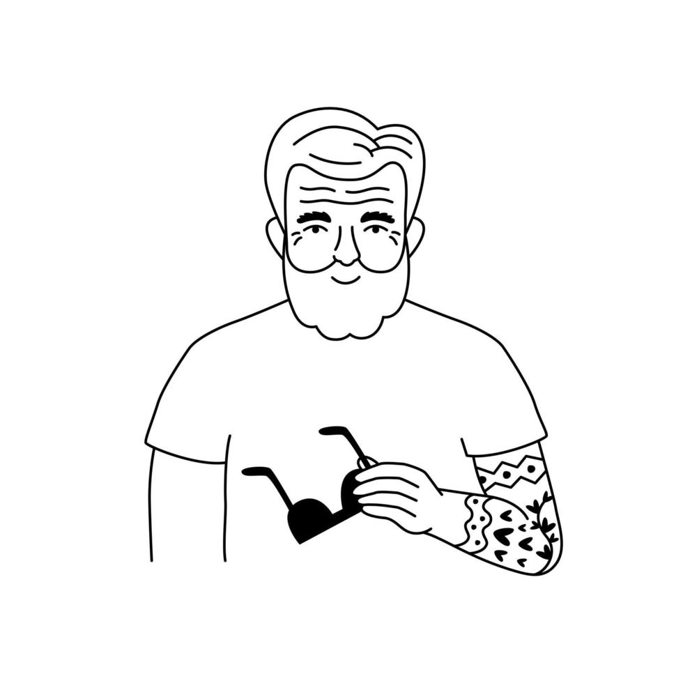 Cool old man with tattoo and sunglasses. Line art doodle illustration for print, graphic design, stickers and poster template vector