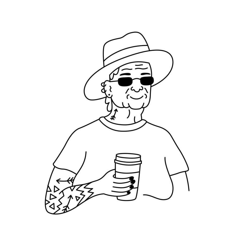 Old woman with tattoo drinking tea or coffee . Line art doodle illustration for print, graphic design, stickers and poster template vector