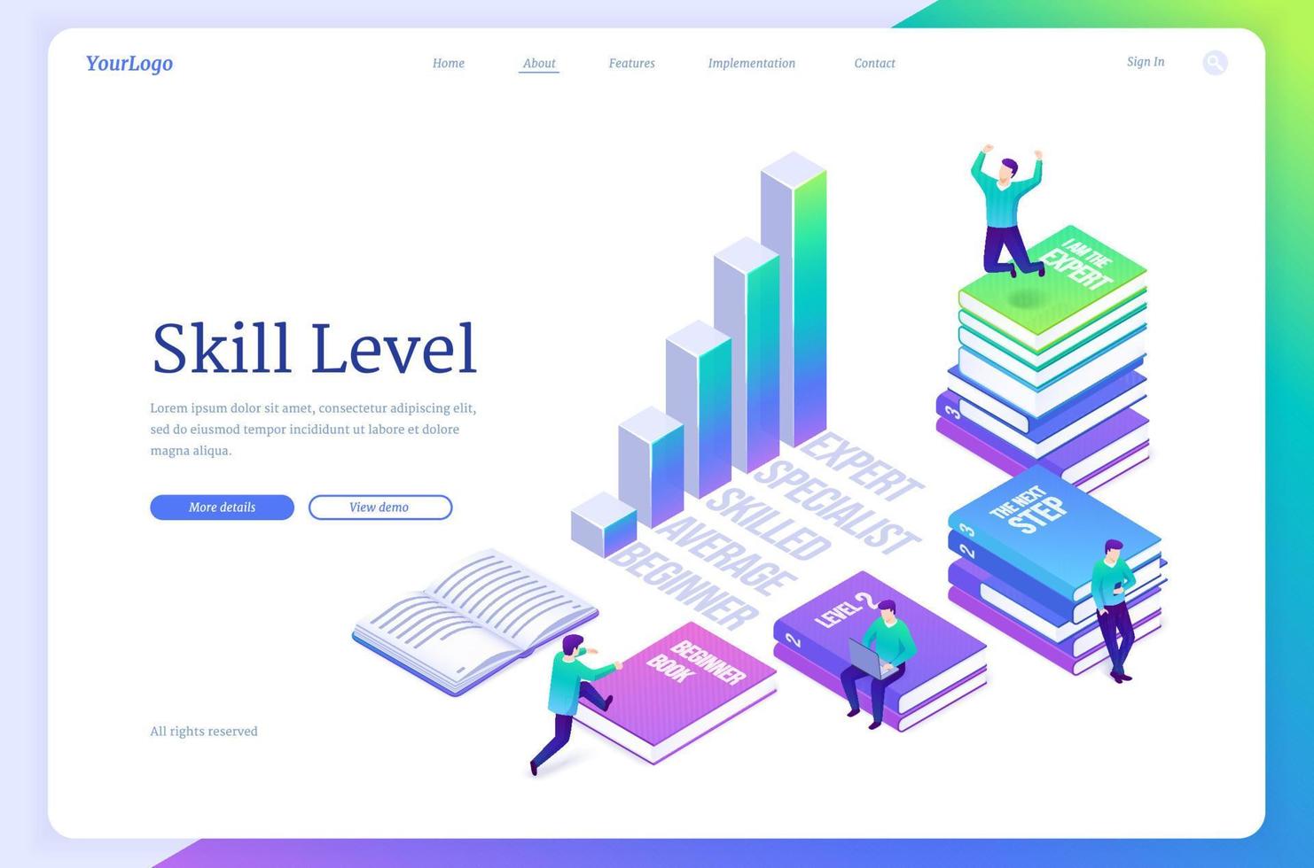 Skill level isometric landing page, education vector