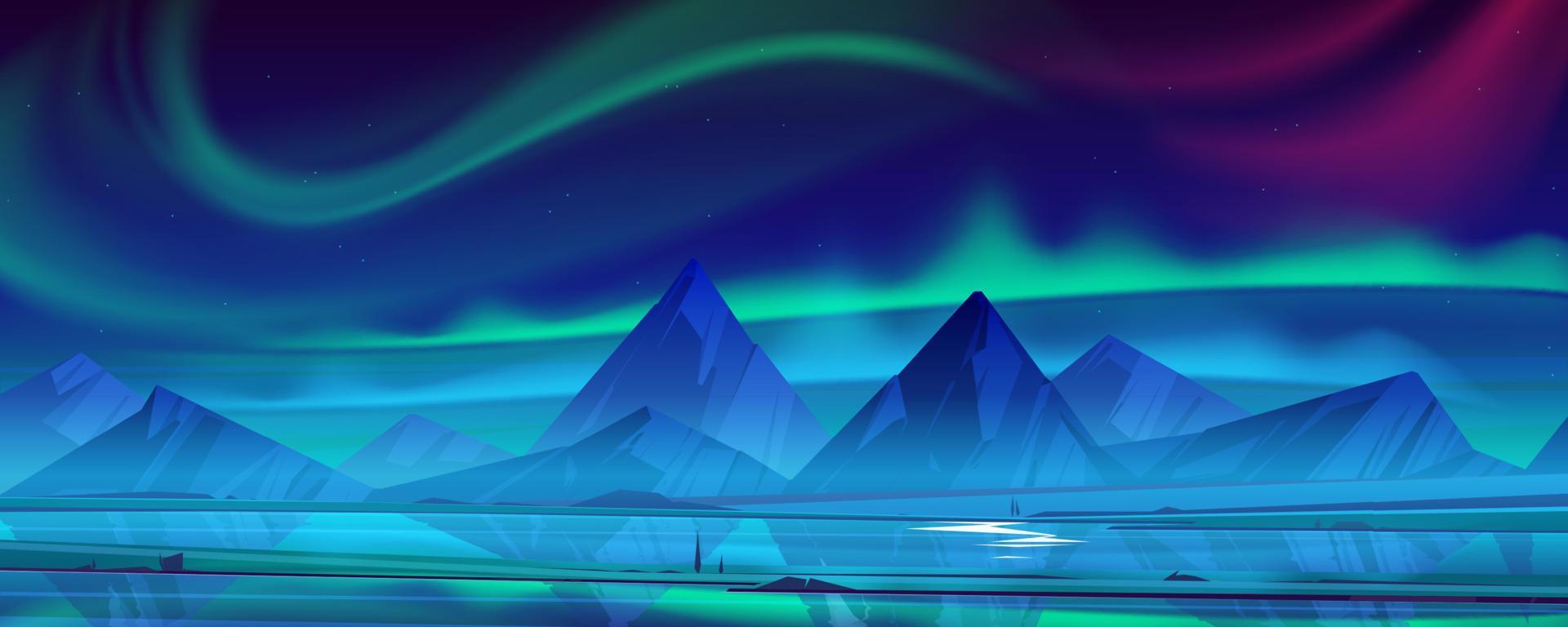 Night landscape with aurora borealis in sky vector