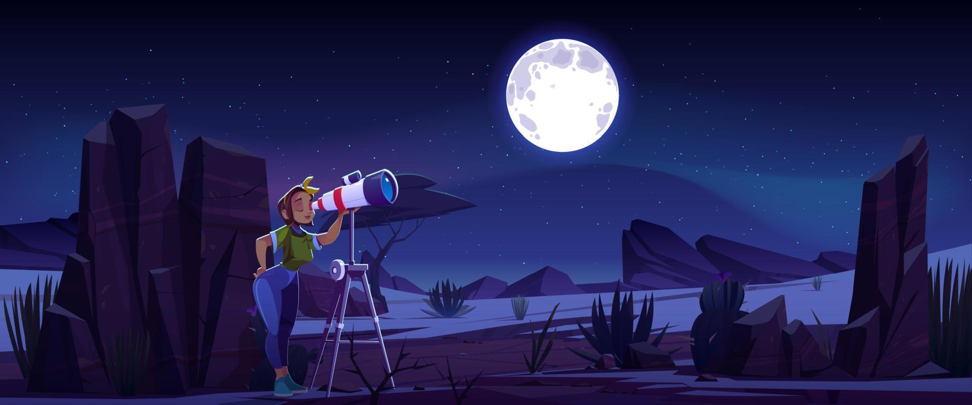 Woman look in telescope, astronomy science, space vector