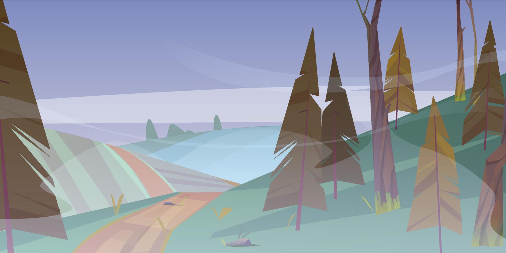 Dirt road at foggy forest, dull weather landscape vector