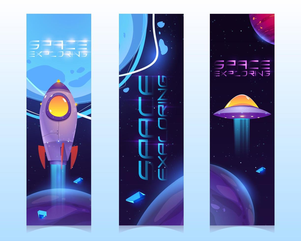 Space exploring cartoon vertical banners, bookmark vector