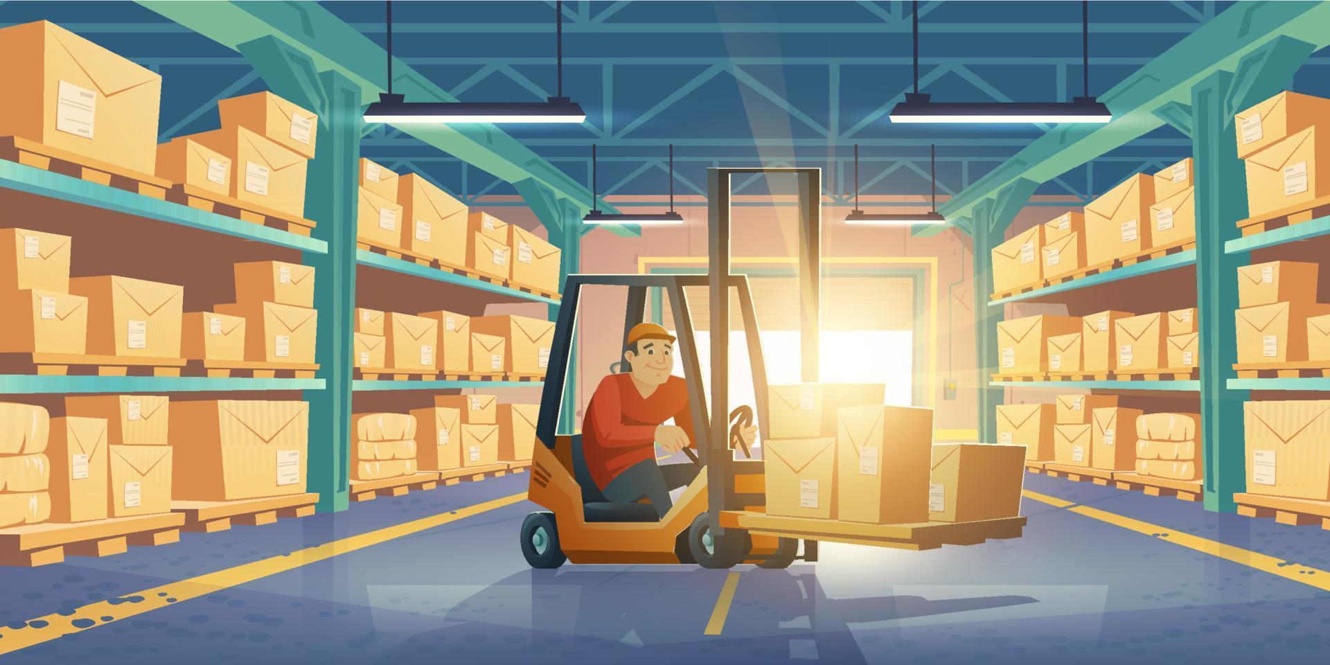Warehouse with man worker, forklift and boxes vector
