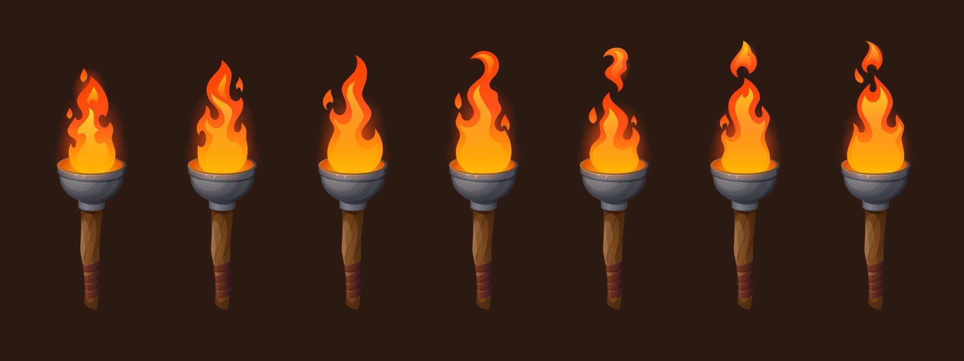 conjunto de antorchas de sprite medievales con fuego ardiente vector