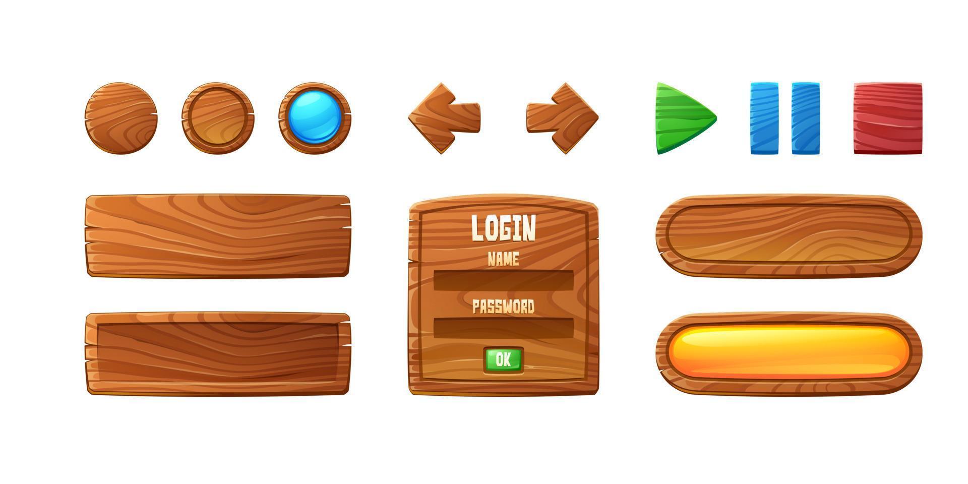 Wooden buttons for ui game, gui elements vector