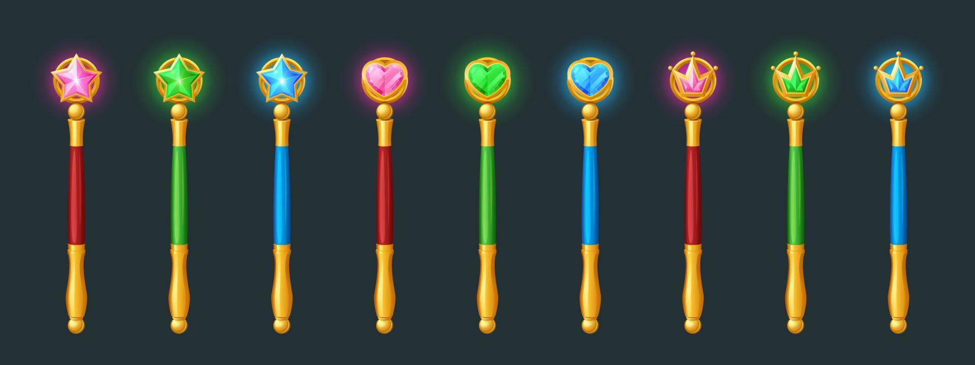 Magic wands, golden sticks with crystals vector