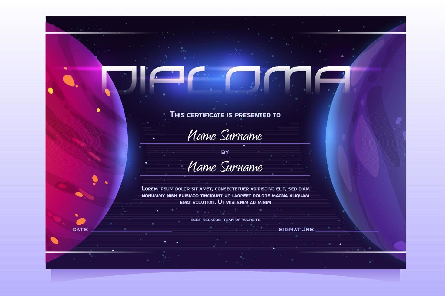 Diploma planets in space, astronomy certificate vector