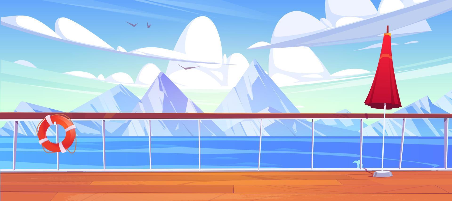 View from cruise ship deck to sea with mountains vector