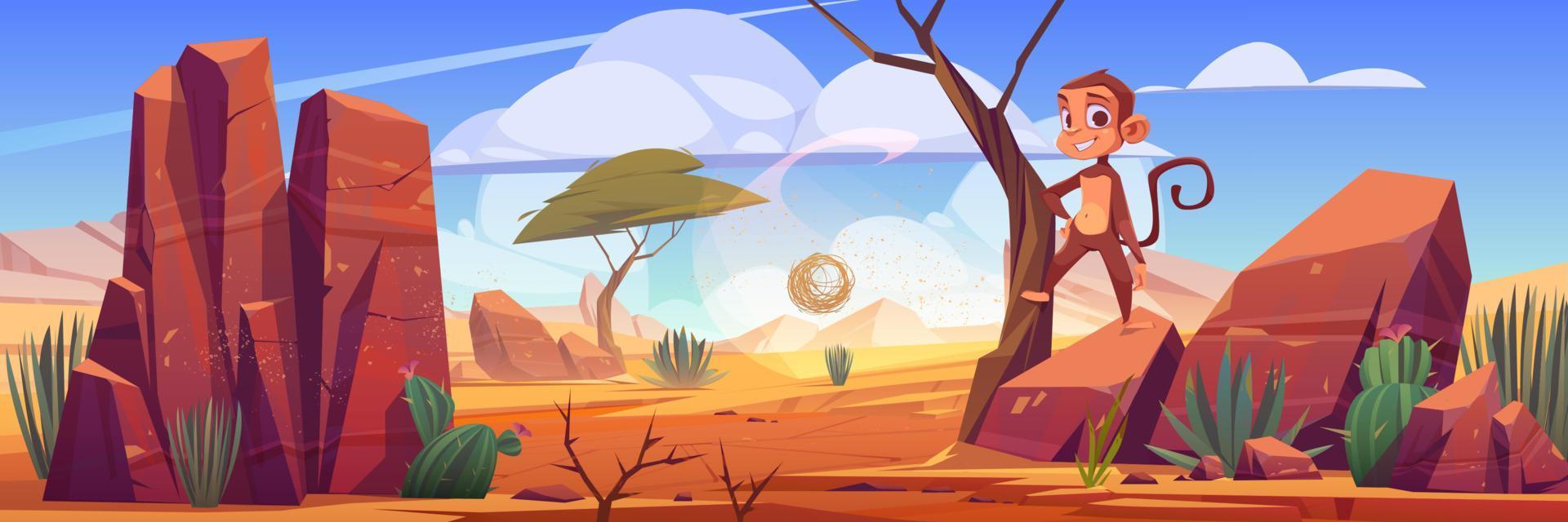 Desert landscape with rocks, cactuses and monkey vector