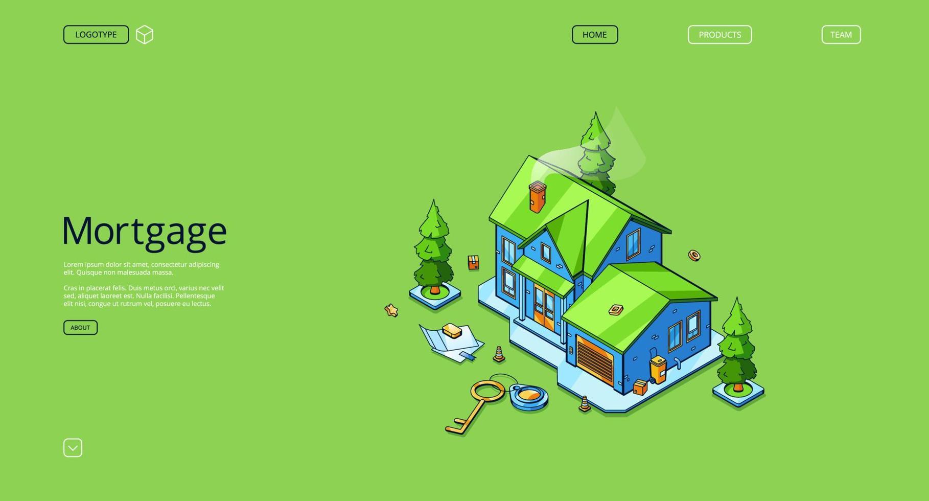 Mortgage isometric landing page with cottage house vector