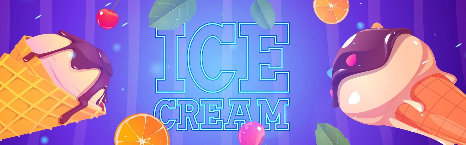 banner publicitario de dibujos animados de helados, conos de gofres de helado vector