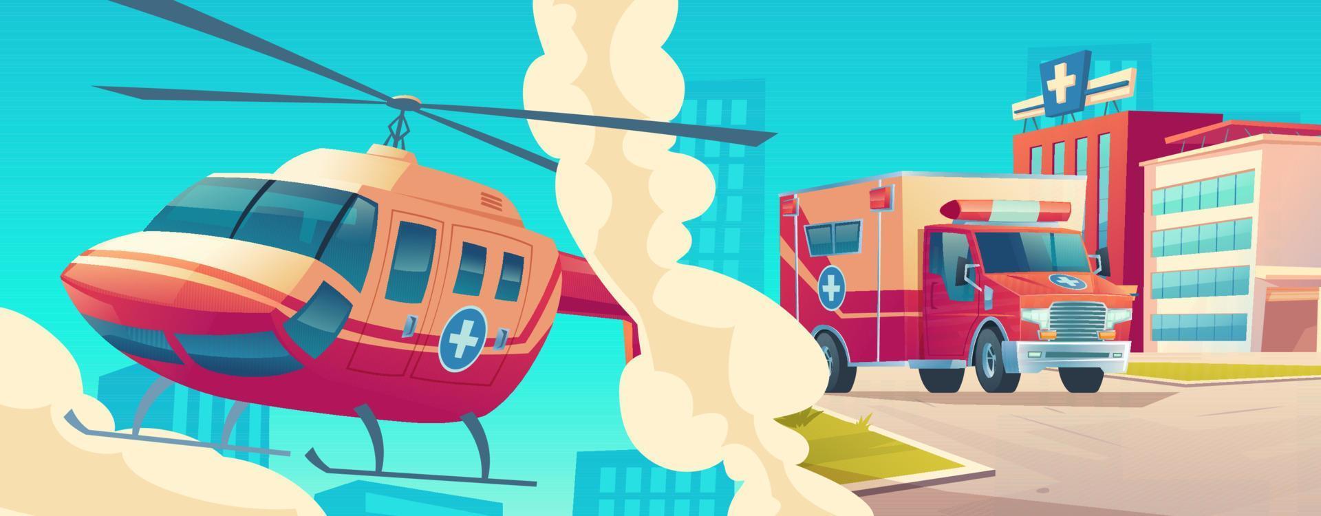 Ambulance service, medical helicopter and car vector