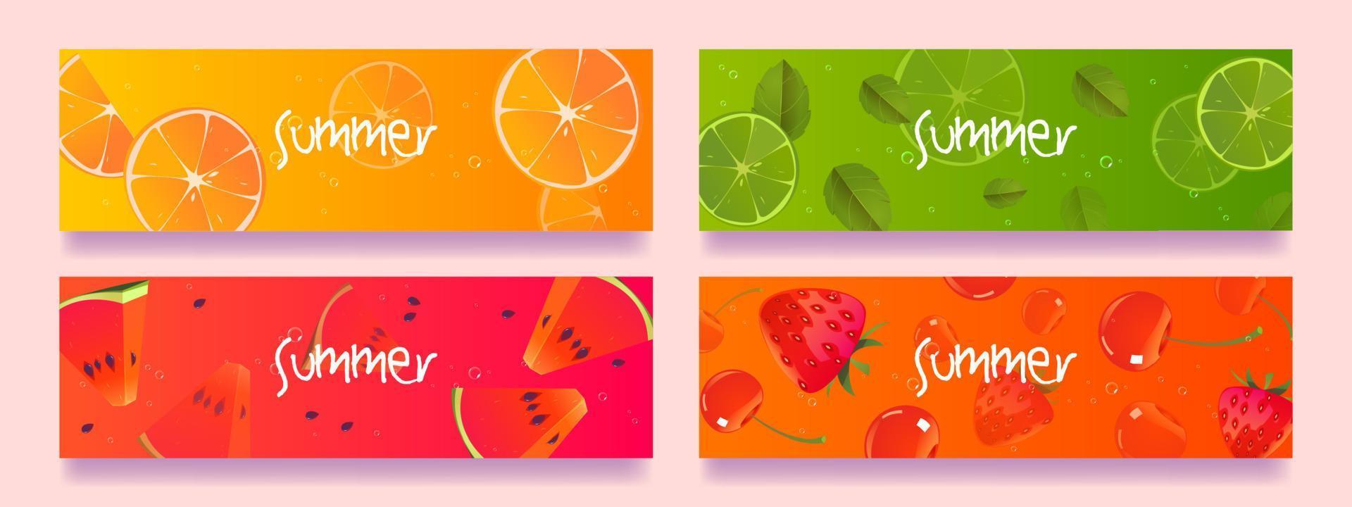 Summer fruits cartoon horizontal banners set. vector