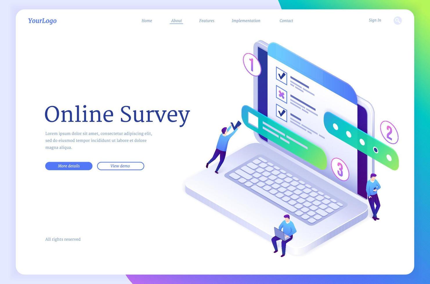 Online survey isometric landing, questionnaire vector