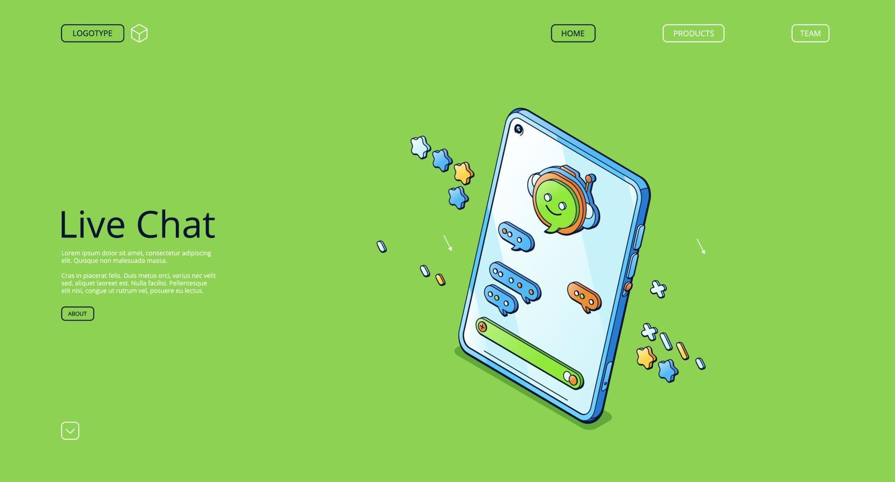 Live chat isometric landing page, online support vector